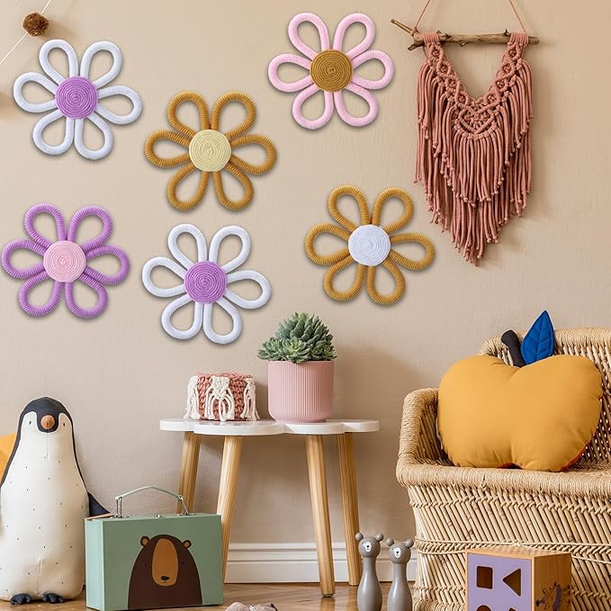 Ripeng 6 Pcs Boho Nursery Decor Flower Daisy Wall Art 6 Inch Woven Macrame Wall Hanging Bohemian Flower Decor Daisy Nursery for Baby Girls Kids Home Bedroom(Vintage Color)