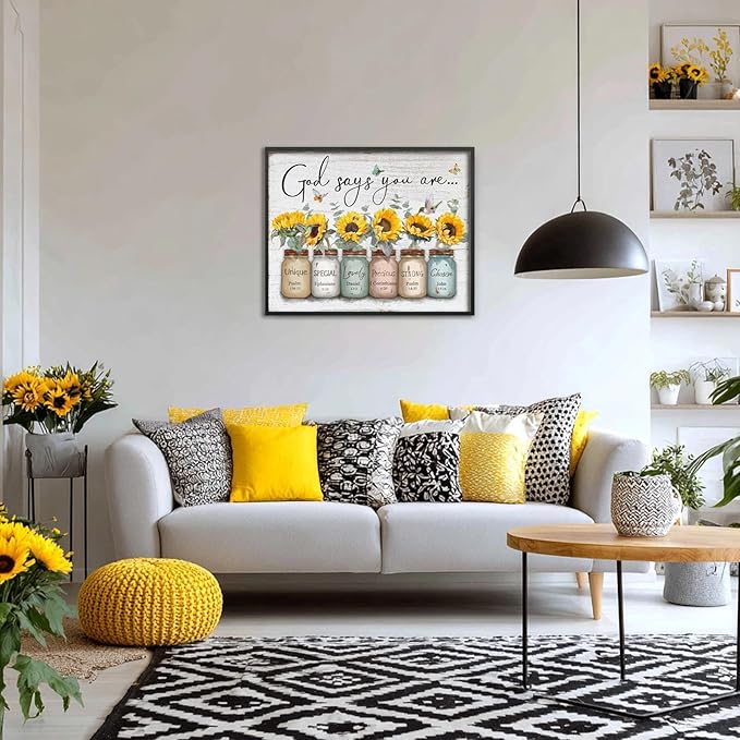 Inspirational Bible Verse Wall Art: God Says You Are Wall Sayings Sunflower in Mason Jar Picture Print Christian Gift Quotes Poster for Women Girl Bedroom Decor 16" x 20"