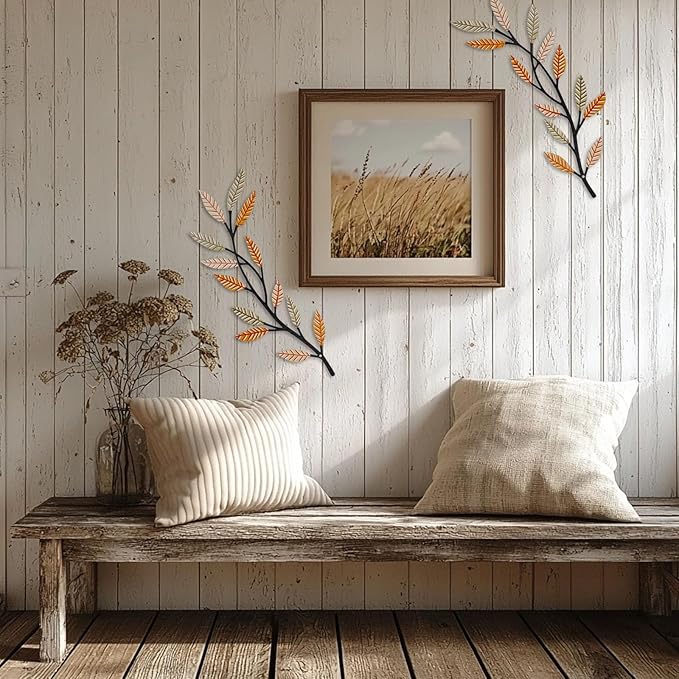 Metal Tree Leaf Wall Decor 2 PCS Rustic Vine Branch Leaf Wall Art for Living Room Bedroom Bathroom Decorations - Sunlit Wheat