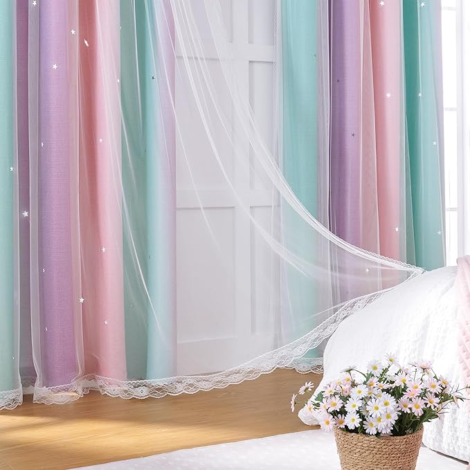 XiDi Girls Blackout Curtains 108 Inches Long for Bedroom, Room Darkening Grommet Window Ombre Curtains 2 Panel Sets, Kids Unicorn Princess Theme Decor Colorful Rainbow Design Pink Purple Green 52x108
