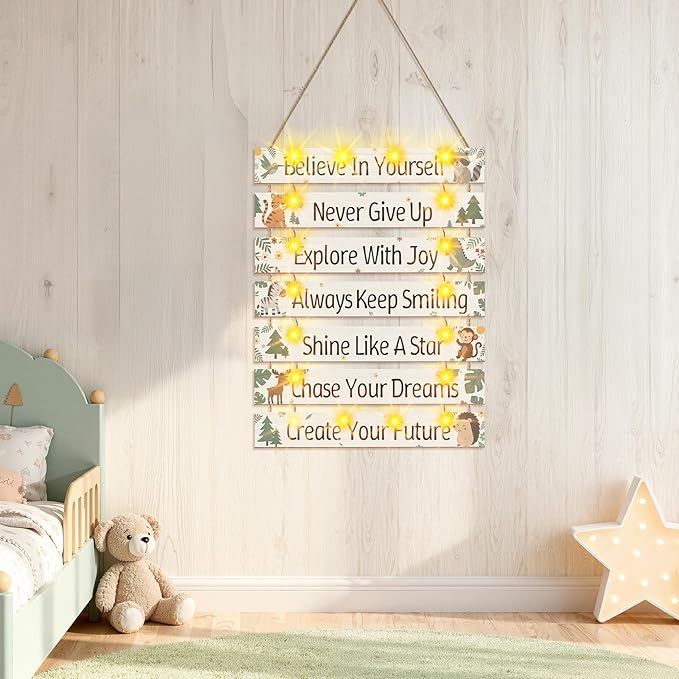 FIOBEE Girls Room Décor for Teen Girls Boys with LED Light Wall Decor for Bedroom Motivational Inspirational Wall Art Girl Room Decoration for Kids Studyroom, 8 Kinds of Lights, Green Forest