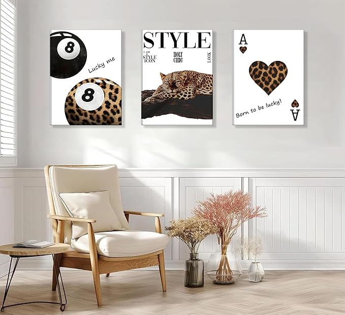 3pcs Framed Fashion Leopard Print Canvas Wall Art Cheetah Paintings Wall Decor Stylish Lucky 8 Ball Posters Prints College Style Room Aesthetic Pictures for Girls Bedroom Apartment Dorm Decoration
