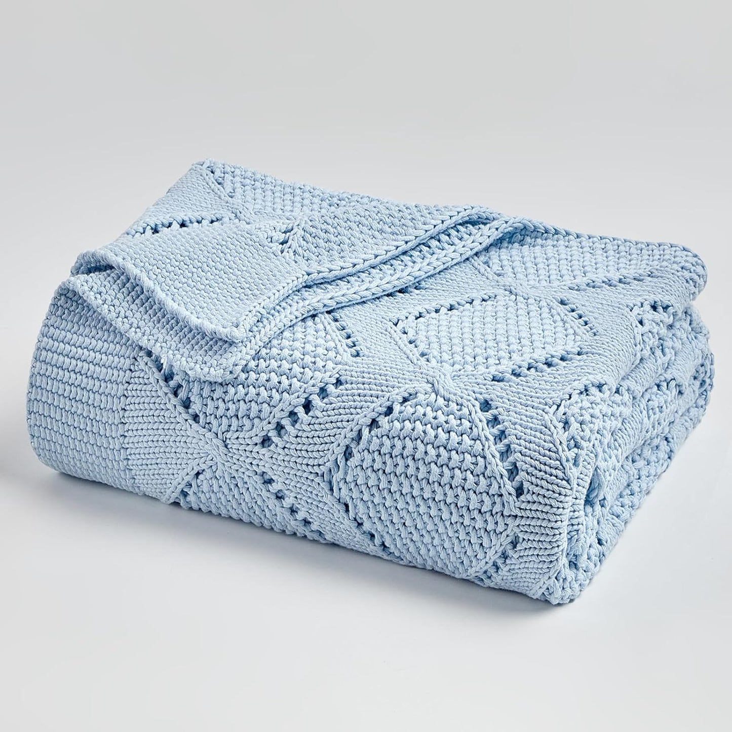 Longhui bedding Chunky Cotton Knit Throw Blanket for Couch, Sofa, Bed, or Chair, Decorative Breathable Fall Cable Knit Blanket 51 x 63 Inches, Light Blue