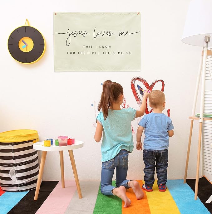 Jesus Loves Me Christian Bible Verse Scripture Nursery Canvas Banner-Rectangular Flag Sign for Baby Boy Girl Kids,Bedroom Playroom Above Crib Decoration-Baby Shower Baptism Christmas Gift
