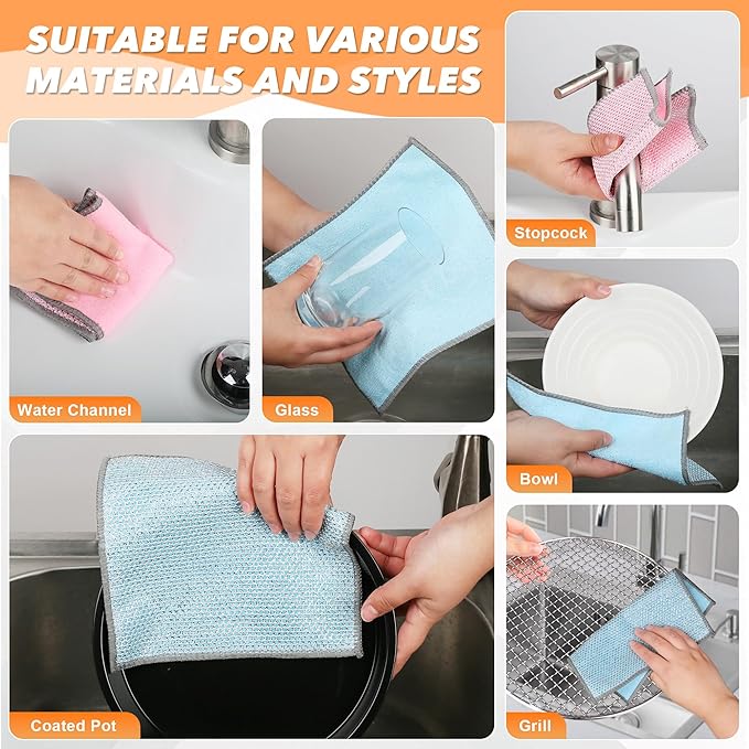 12Pack Upgrade Multipurpose Wire Dishwashing Rags, Dual-Side Non Scratch Wire Dishcloth, for Wet and Dry Use, Reusable Metal Scrubbing Microfiber Clean Cloths for Home/Kitchen/Stove(Pink)