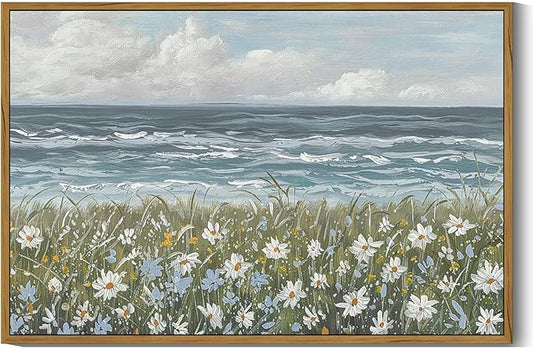 SHENIFY Vintage Landscape Framed Wall Art Sea Coastal Wildflower Field Scenery Farmhouse Decor Retro Painting for Living Room Bedroom Ready to Hang Wall Artwork - 16x24in Natural Framed
