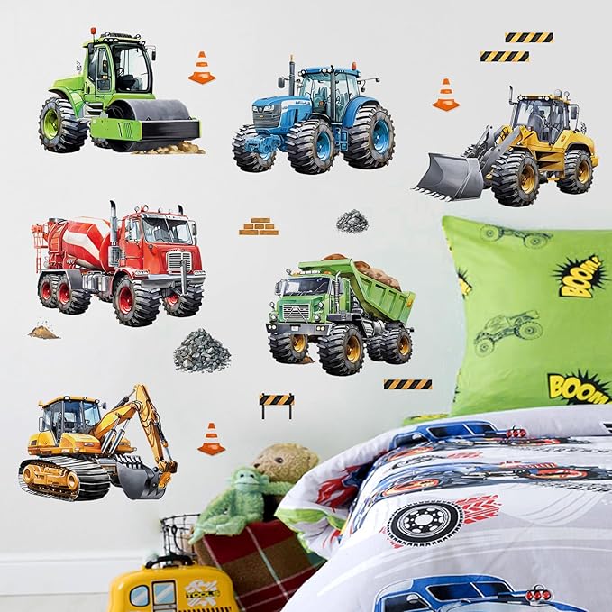 decalmile Construction Cars Wall Decals Trucks Tractor Vehicles Wall Stickers Baby Nursery Boys Bedroom Kids Room Wall Decor