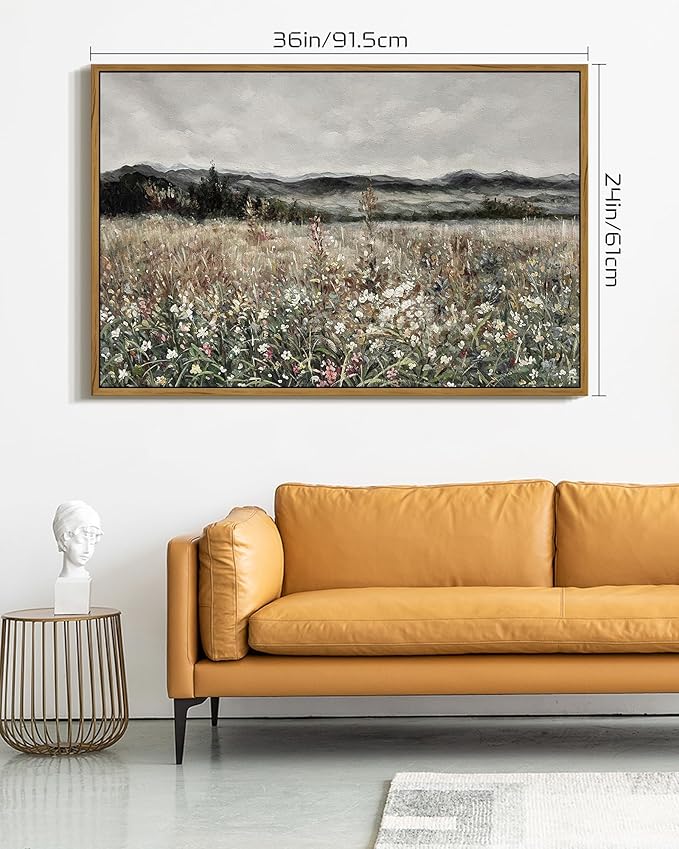 SHENIFY Vintage Landscape Framed Wall Art Meadow Flowers Farmhouse Decor Retro Classic Painting for Hallway Living Room Bedroom Dining Room - 24x36in Natural Framed