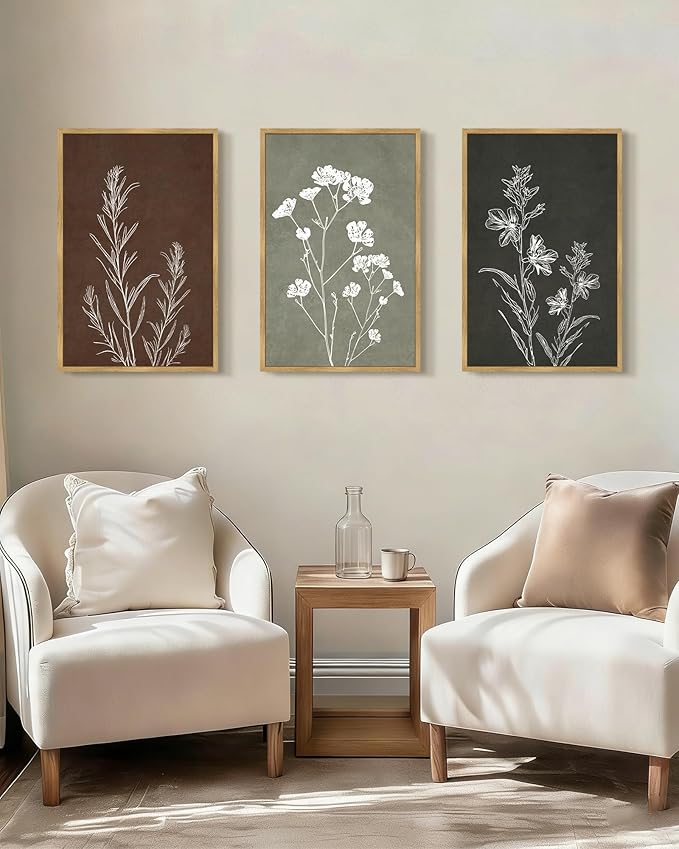 Drsoum Vintage Boho Flower Wall Art Framed Retro Botanical Floral Wall Prints Wildflower Neutral Rustic Bohemain Artwork Kitchen Bedroom Ready to Hang 16x24in Natural Framed