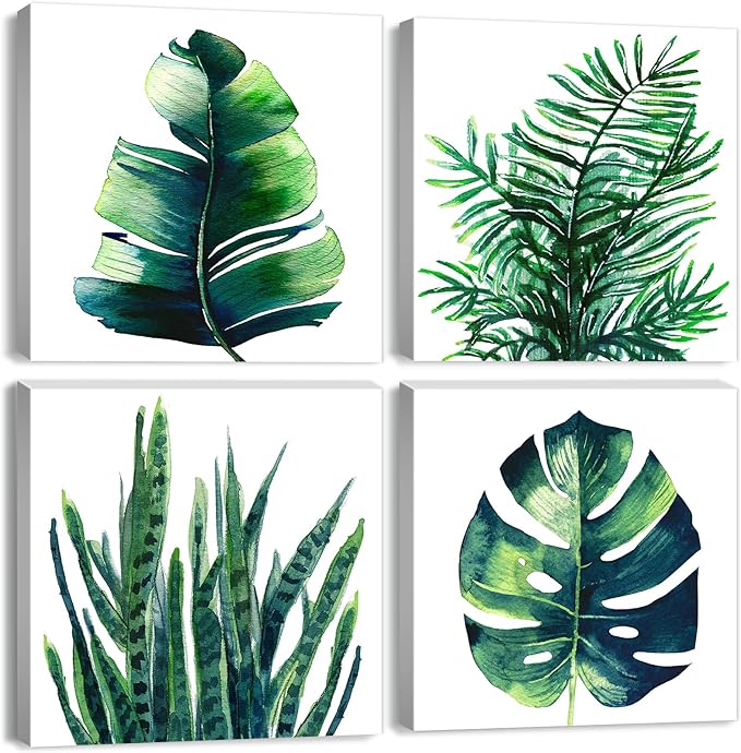 Tropical Plant Wall Art Boho Bathroom Decor Green Monstera Canvas Prints Bedroom Painting Botanical Posters for Kitchen Living Room Home Decorations Leaf Pictures Minimalist Artwork 16×16" 4Pcs/Set
