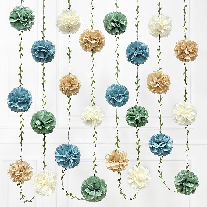 Sage Green Dusty Blue Khaki Beige Tissue Paper Flowers Pom Pom with Leaf Ribbon Hanging Garland Streamer for Birthday Baby Shower Wedding Engagement Silly Goose Themed Party Decorations Supplies