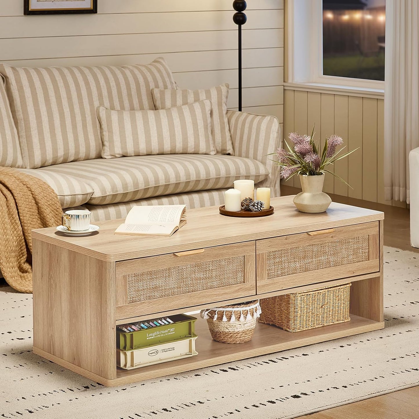 LEYAOYAO Boho Rattan Coffee Table Sets 2 Pieces, Nightstand with Charging Station and Coffee Table with Hidden Storage Compartment, Natural Living Room Table Set, Wood Furniture Sets for Home Office