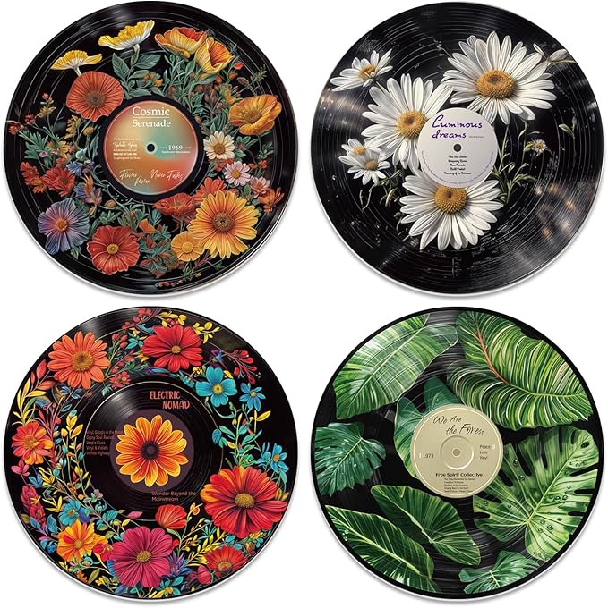 twinklemon 4PCS Vinyl Record Decor 12 Inch Record Decorations for Indie Hippie Room Decor Botanical Wall Art for Room Aesthetic Flower Leaves Records Wall Decor for Music Party Studio Display
