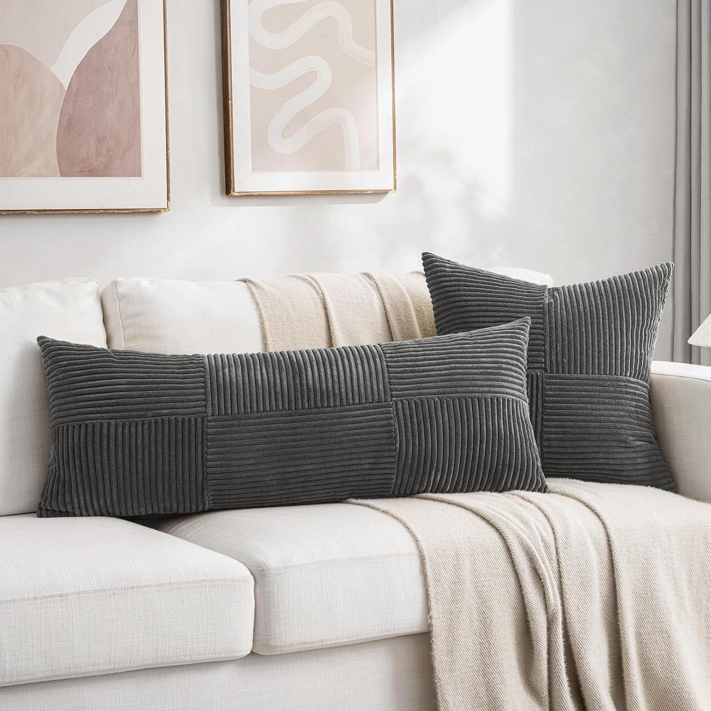 Fancy Homi 2 Packs Dark Gray Decorative Throw Pillow Covers 16x16 Inch for Living Room Couch Bed, Rustic Farmhouse Boho Home Decor, Soft Corss Patchwork Corduroy Textured Square Cushion Case 40x40 cm