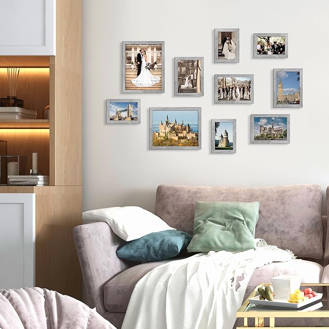 upsimples 10 Pack Picture Frames Collage Wall Decor for Mounting or Tabletop Display, Photo Gallery Frame Set for Family, Multi Sizes Including 8x10, 5x7, 4x6, Gray