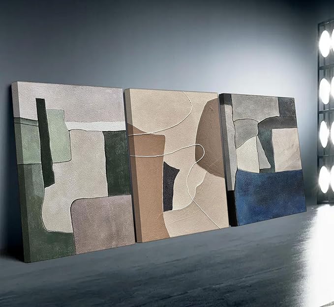3pcs Abstract Texture Canvas Wall Art Modern Boho Neutral Geometry Wall Decor Pictures Beige Green Blue Minimalism Posters Prints for Living Room Bedroom Office Home Decoration Prepare To Hang