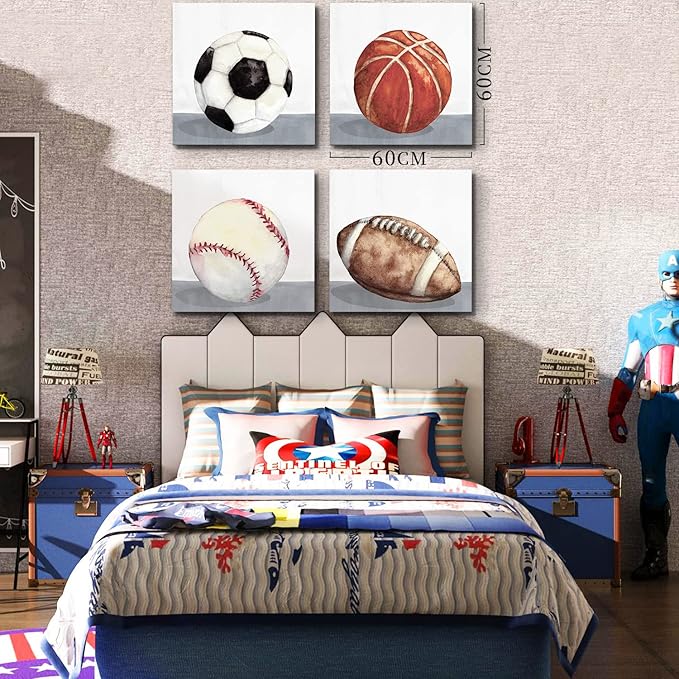 Sports Wall Art Boys Room Wall Decor Vintage Football Soccer Baseball Basketball Them Canvas Wall Arts for Kids Boy Bedroom Nursery Home Decoration 24x24" 4 Pcs Rustic Ball Artwork Painting Baby Gift