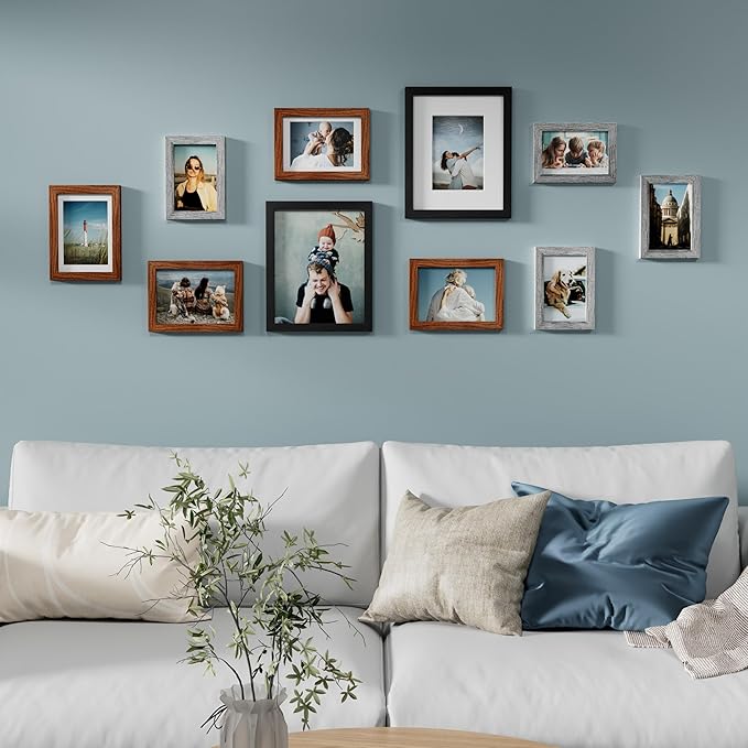 Vittanly 10 Pack Picture Frames, Picture Frames Collage Wall Decor with Two 8x10, Four 5x7 and Four 4x6 Photo Frames, Gallery Wall Frame Set for Wall or Tabletop Display, Black, Walnut Brown and Grey