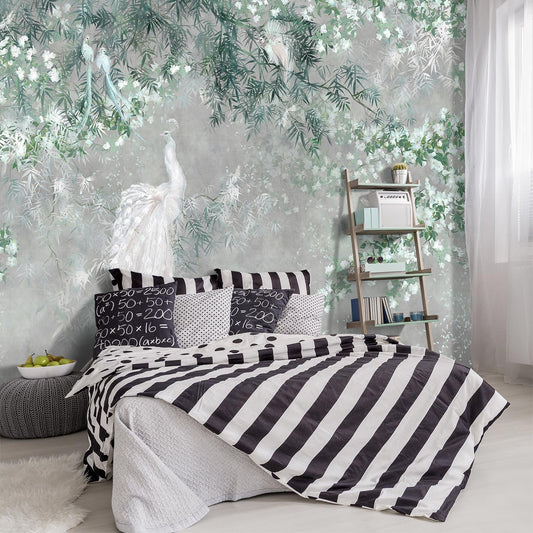 -Green Leaf Botanical Peacock Fabric Wallpaper Wallpaper Living Room Bedroom Bathroom Grey Plant Large Wall Mural- 160"x108"（ not Peel and Stick）