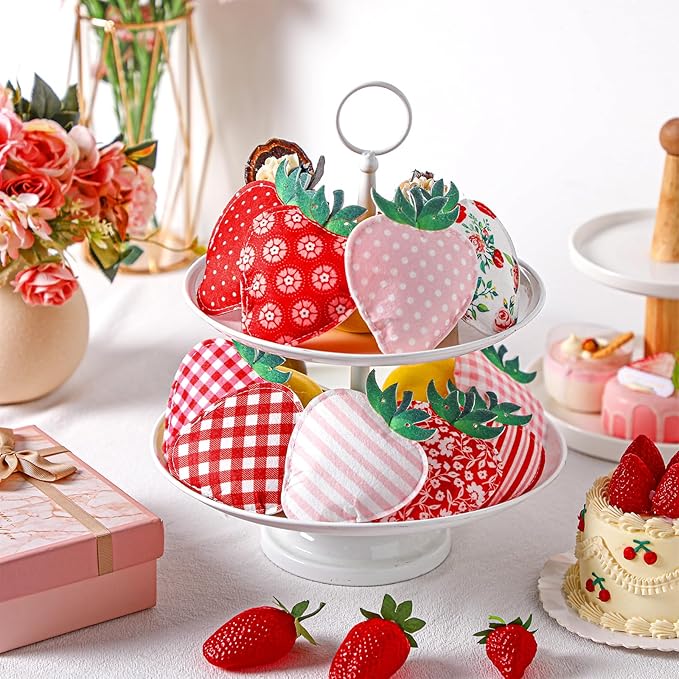 Strawberry Felt Banner Garland Decor Vintage 3D Strawberry Hanging Garland with Wooden Beads for Back to School Birthday Party Baby Shower DIY Home Wall Fireplace Decor(Bright)