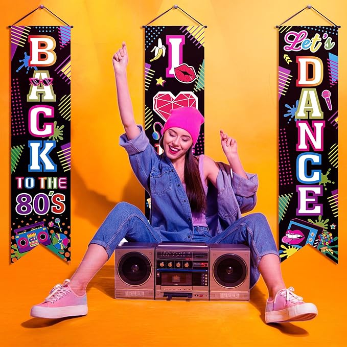 3 Pieces 80's Party Decorations Back to The 1980 Banners I Love 80s Porch Signs Hanging Backdrops for Home Bar Retro Theme Hip Hop Rock Disco Birthday Party Door Wall Decor Supplies
