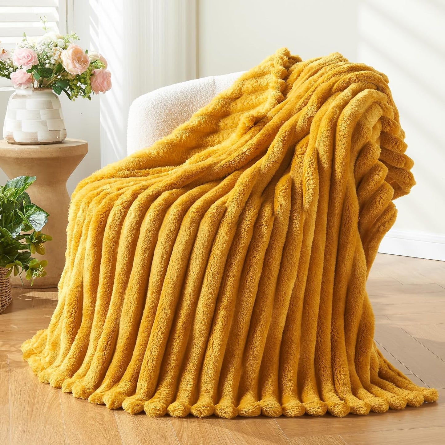 NEWCOSPLAY Super Soft Throw Blanket Mustard Yellow Premium Silky Flannel Fleece 3D Ribbed Jacquard Lightweight Bed Blanket All Season Use (Mustard Yellow Ribbed, Throw(50"x60"))