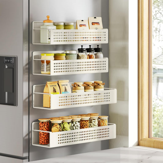 SONGMICS Magnetic Spice Rack for Refrigerator, Set of 4, 2 Large and 2 Small Kichen Magnetic Shelves for Microwave, Washing Machine, Spice Organizers, No Drilling Needed, Cream White UKCS061W01