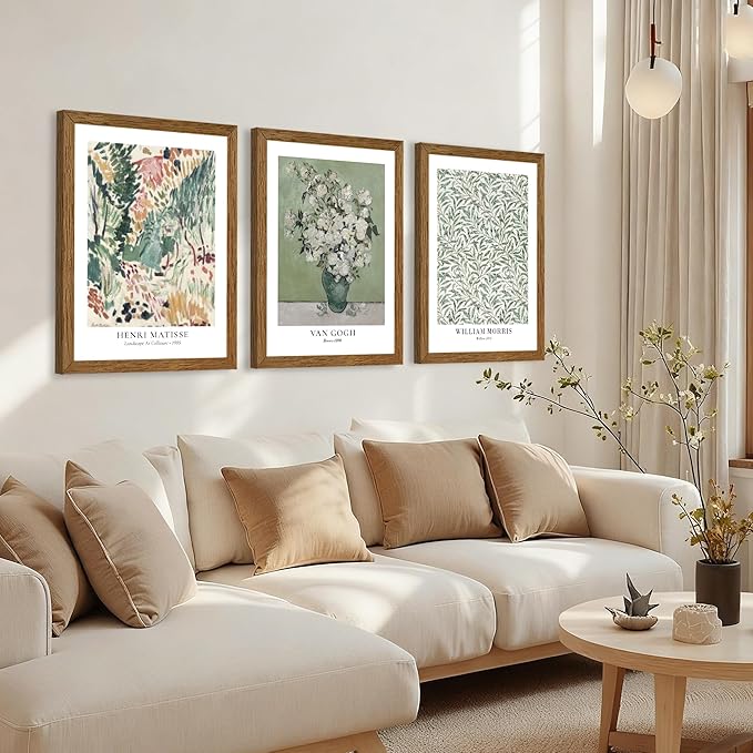 JLTULT 3 Piece Vintage Sage Green Canvas Wall Art, Van Gogh Matisse Wall Decor, Botanical Painting Artwork Prints for Living Room Bedroom Home Office 16X24 inch Wood Framed Easy to Hang