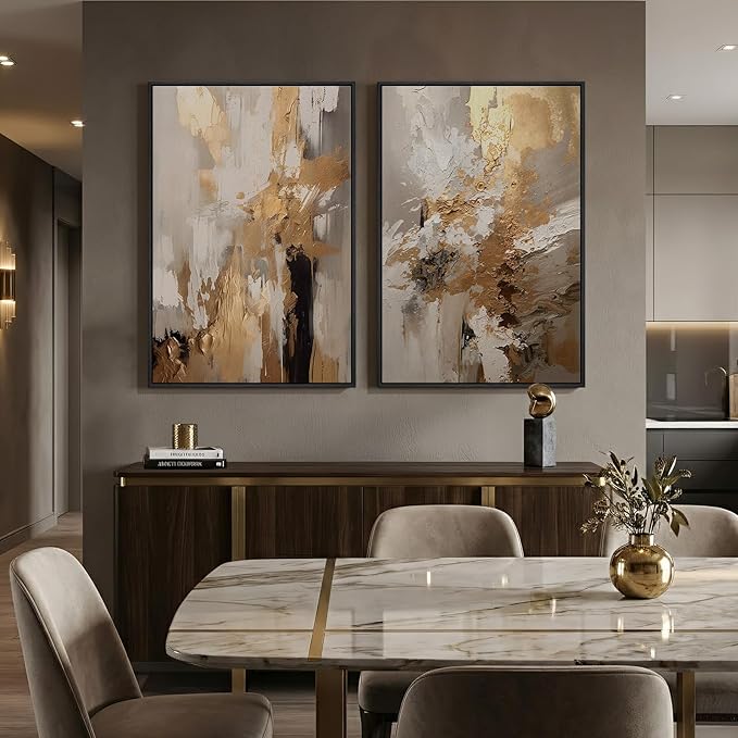 Large Framed Neutral Abstract Wall Art, 2 Piece Modern Canvas Prints Paintings, Beige Gold Abstract Pictures for Living Room Hallway Dining Room Bedroom Office Wall Decor 24x36 In