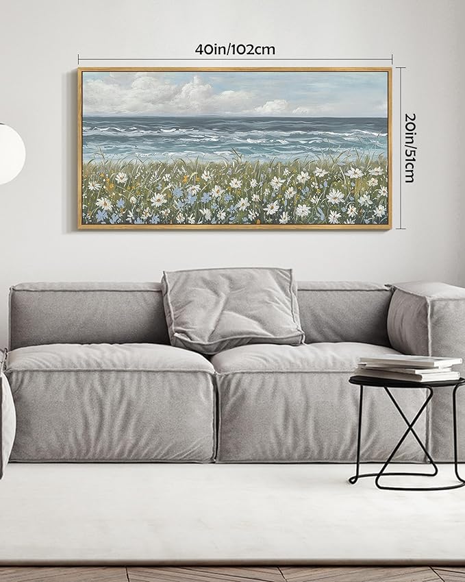 SHENIFY Vintage Landscape Framed Wall Art Sea Coastal Wildflower Field Scenery Farmhouse Decor Retro Painting for Bedroom Living Room Ready to Hang Wall Artwork - 20x40in Natural Framed