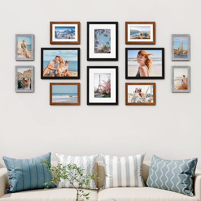 Vittanly 12 Pack Picture Frames Collage Wall Decor for Mounting or Tabletop Display, Gallery Wall Frame Set for Family, Multi Sizes Including 4pcs 8x10, 4pcs 5x7, 4pcs 4x6, Black & Walnut Brown & Grey