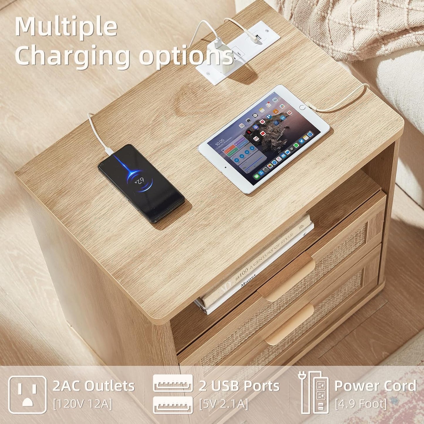 LEYAOYAO Boho Rattan Coffee Table and End Table Sets, 48" Wide Center Tables & 23" Night Stand with Charging Station Chest of Drawers, Natural Wood Coffee Table for Living Room 2 Piece Set
