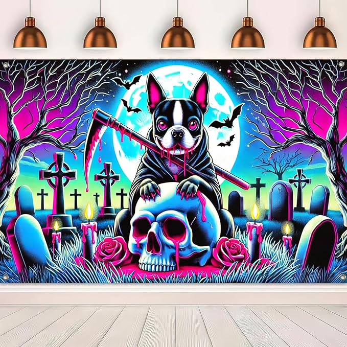 Halloween Banner Dog Skull Backdrop Trick or Treat Decor Scary Halloween Decoration Creepy Graveyard Wall Hanging for Outdoor Indoor Party