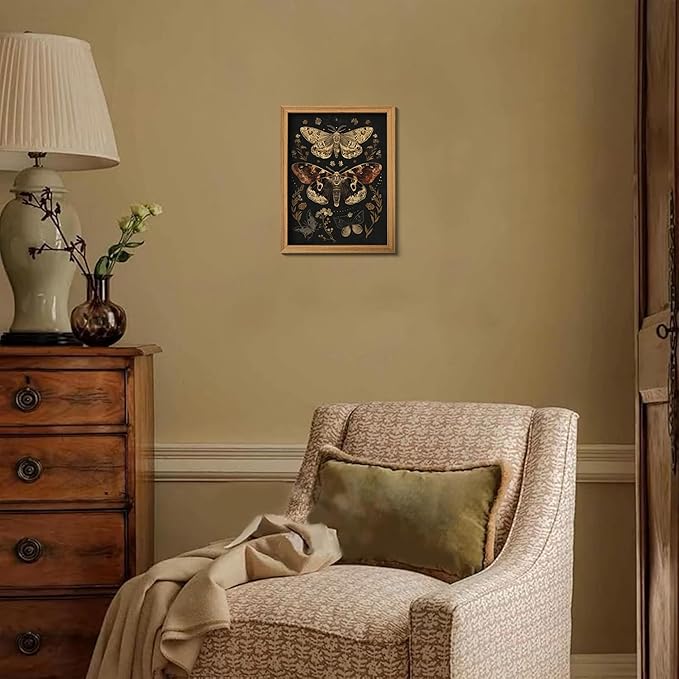 3D Textured Vintage Butterfly Framed Wall Art, Dark Academia Moth Wall Decor Painting, Hand Drawn Sandstone Gothic Moody Insect Artwork Picture for Living Room Bedroom Office 16x24 Inch
