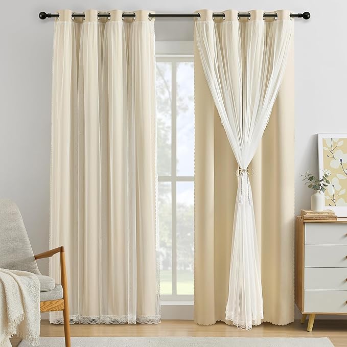 XiDi Full Blackout Beige Curtains with Sheer Overlay for Bedroom Living Room 2 Panels 96 Inches Long Double Layer Curtains for Kids Nursery Girls Light Block Room Darkening Grommet Drapes W52 x L96
