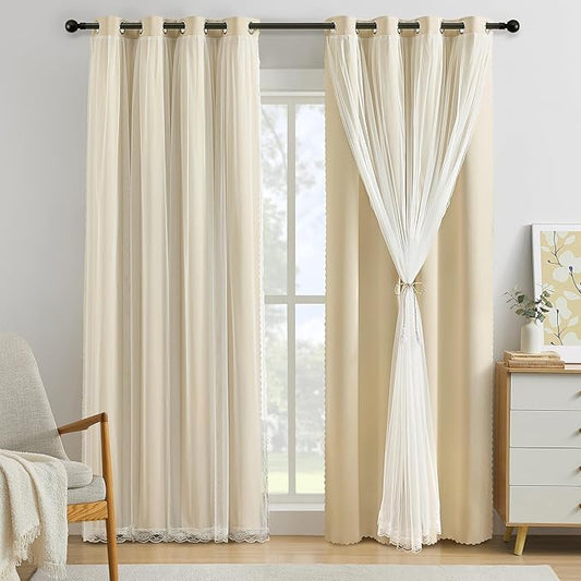 XiDi Beige Blackout Curtains with Sheer Overlay for Bedroom 2 Panels 63 Inches Long Double Layer Curtains with Lace Hem for Kids Girls Room Decor Thermal Insulated Grommet Short Window Drapes W52XL63