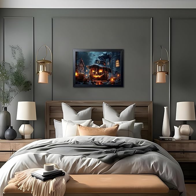 Wood Framed Dark Halloween Pumpkin Wall Art, Gothic Witch Hat Jack-o'-Lantern Canvas Print, Dark Academia Spooky Haunted House Poster Wall Art for Living Room Bedroom Room Aesthetics 16x24 inch