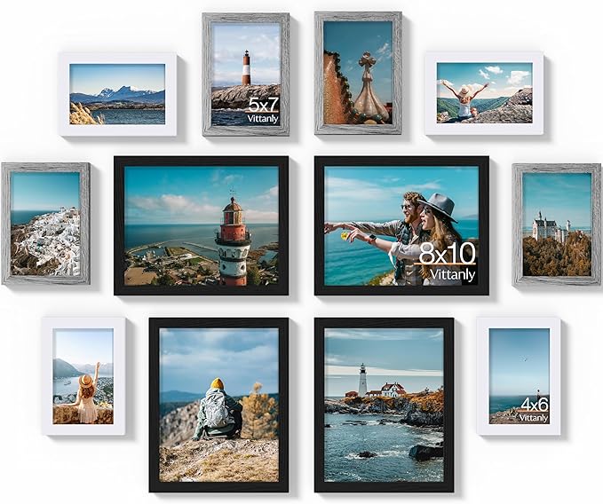 Vittanly 12 Pack Picture Frames Collage Wall Decor for Mounting or Tabletop Display, Gallery Wall Frame Set for Family, Multi Sizes Including 4pcs 8x10, 4pcs 5x7, 4pcs 4x6, Black, Grey and White