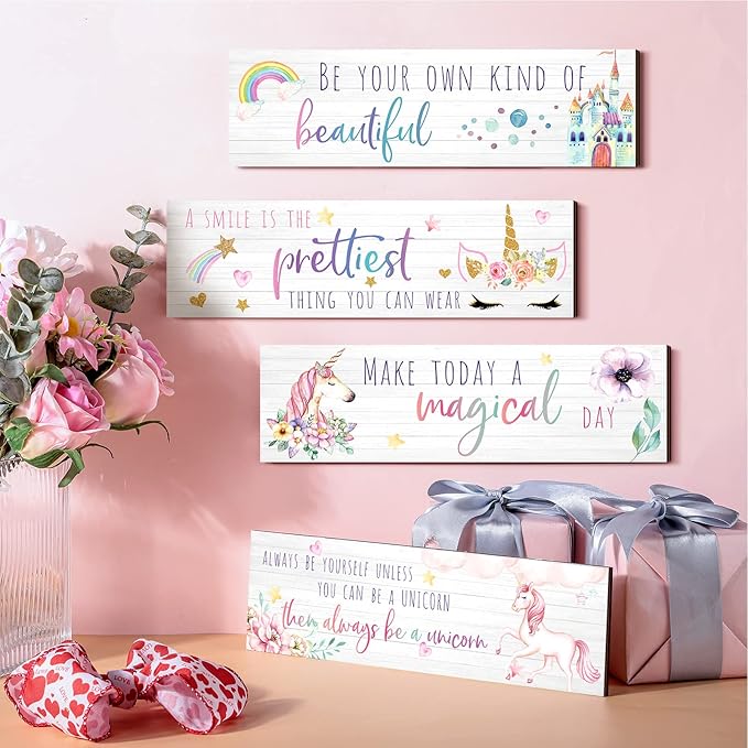 Yulejo Unicorn Wall Decor Girls Rainbow Wall Art Unicorn Room Decor Rainbow Motivational Inspirational Room Bedroom Decorations for Christmas Girl Kids Bedroom Nursery Decoration Gift (Adorable Style)