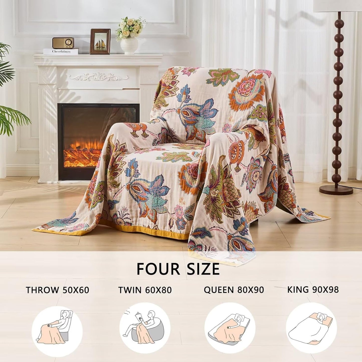 Boho Throw Blanket for Bed, Sofa,Cozy Warm Lightweight Fall Throw Blankets,100% Woven Cotton Southwestern Farmhouse Floral Decor Reversible Blanket, Chair, Picnic Blanket, 50"x60"