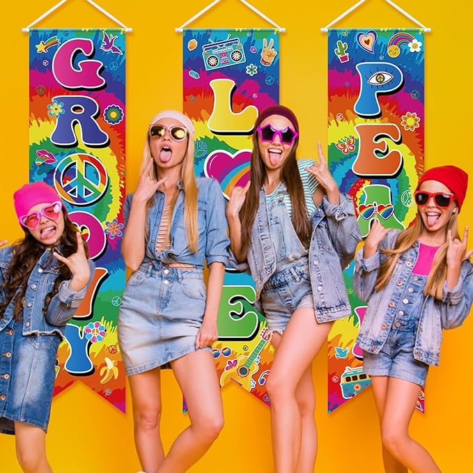 3 Pieces 60s Party Decorations Groovy Love Peace Banners Hippie Porch Signs 1960s Hanging Wall Decor for Retro 60s Theme Party Scene Setters Photography Backdrop Decorations Supplies