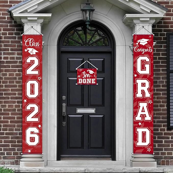 Moukeren 3 Pieces 2026 Graduation Party Decorations Graduation Porch Sign Class of 2026 Grad Hanging Porch Banner Backdrop Door Sign for Grad Party Home Door Wall Decor(Red)