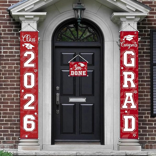 Moukeren 3 Pieces 2026 Graduation Party Decorations Graduation Porch Sign Class of 2026 Grad Hanging Porch Banner Backdrop Door Sign for Grad Party Home Door Wall Decor(Red)