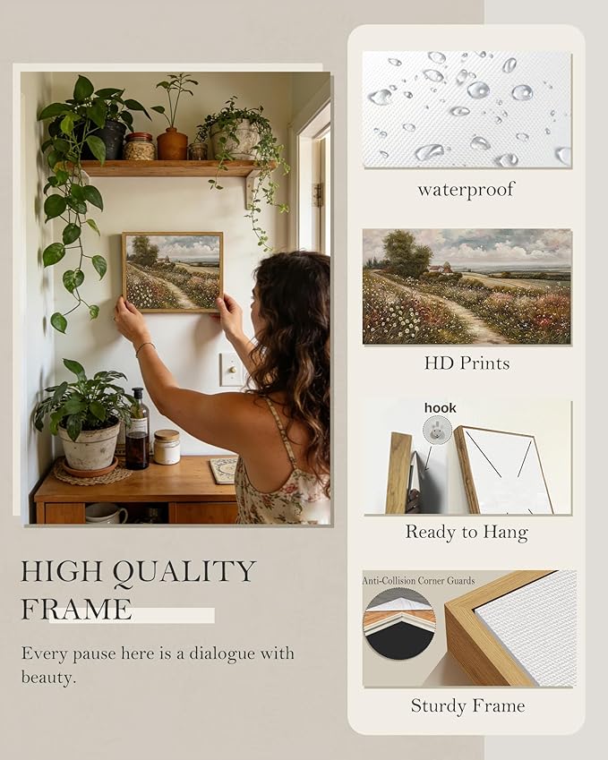 SHENIFY Vintage Landscape Framed Wall Art Rustic Countryside Wildflower Field Farmhouse Decor Retro Meadow with Flowers Painting for Kitchen Living Room Bedroom Bathroom - 8x10in Natural Framed