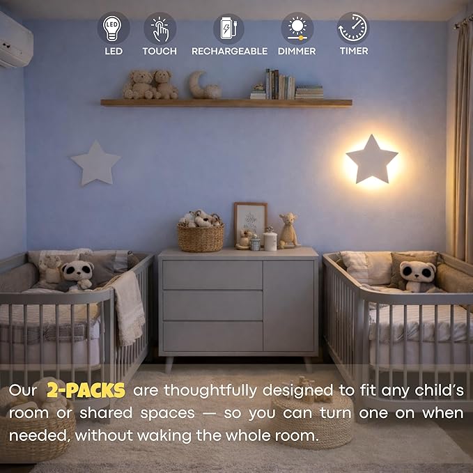Star Wall Lights 2 Pack – Dimmable & Rechargeable for Kids & Baby Room Decor – Made for Bedtime Routines (Moon & Star Decals Included)