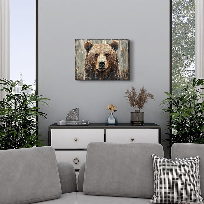 Rustic Bear Pictures Wall Decor Bear Wall Art Farmhouse Animal Decor for Living Room Bedroom Vintage Wildlife Animal Head Canvas Prints Nursery Painting Hunting Cabin Artwork Home Decoration 12x16"