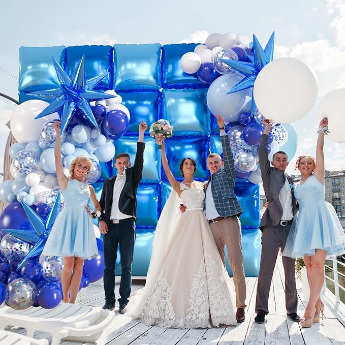 25pcs Royal & Light Blue Foil Square Balloon Wall with 149pcs White and Blue Confetti Balloons Arch Kit, Double Sided Balloon Tunnel with Star Balloons for Birthday, Class of Graduation Backdrop