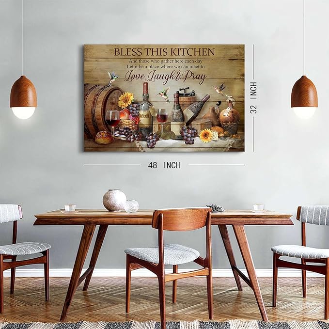 Bless This Kitchen Wall Art for Dining Room Picture Wall Decor, Vintage Farmhouse Fruit Wine Poster Canvas Prints Rustic Inspirational Quotes Painting Artwork for Living Room Home Decorations 32x48"