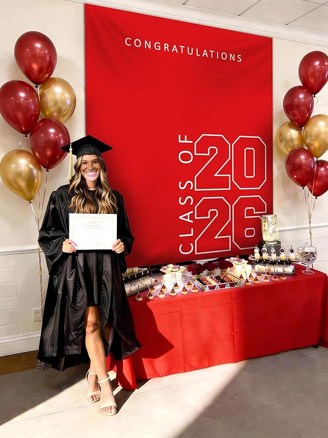 Class of 2026 Graduation Banner 5X6feet - Large CONGRATS GRAD Polyester Banner, Photo Backdrop & Wall Decor for Commencement Party Supplies, Red and White Graduation Party Decorations for High School & College