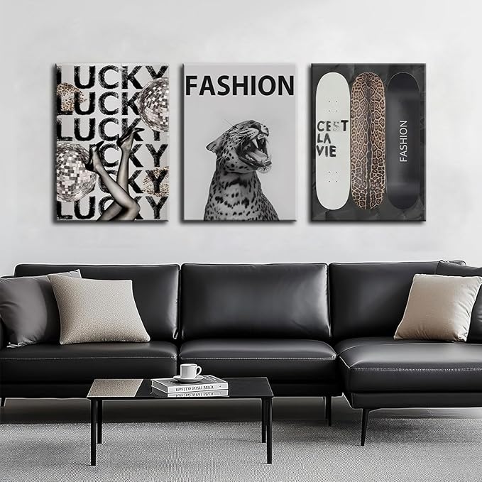 Trendy Leopard Canvas Wall Art Fashion Cheetah Lucky Skateboard Wall Decor Pictures Funky Vintage Preppy Luxury Aesthetic Posters Prints for Girly Bedroom Apartment Dorm Decoration 16x24in